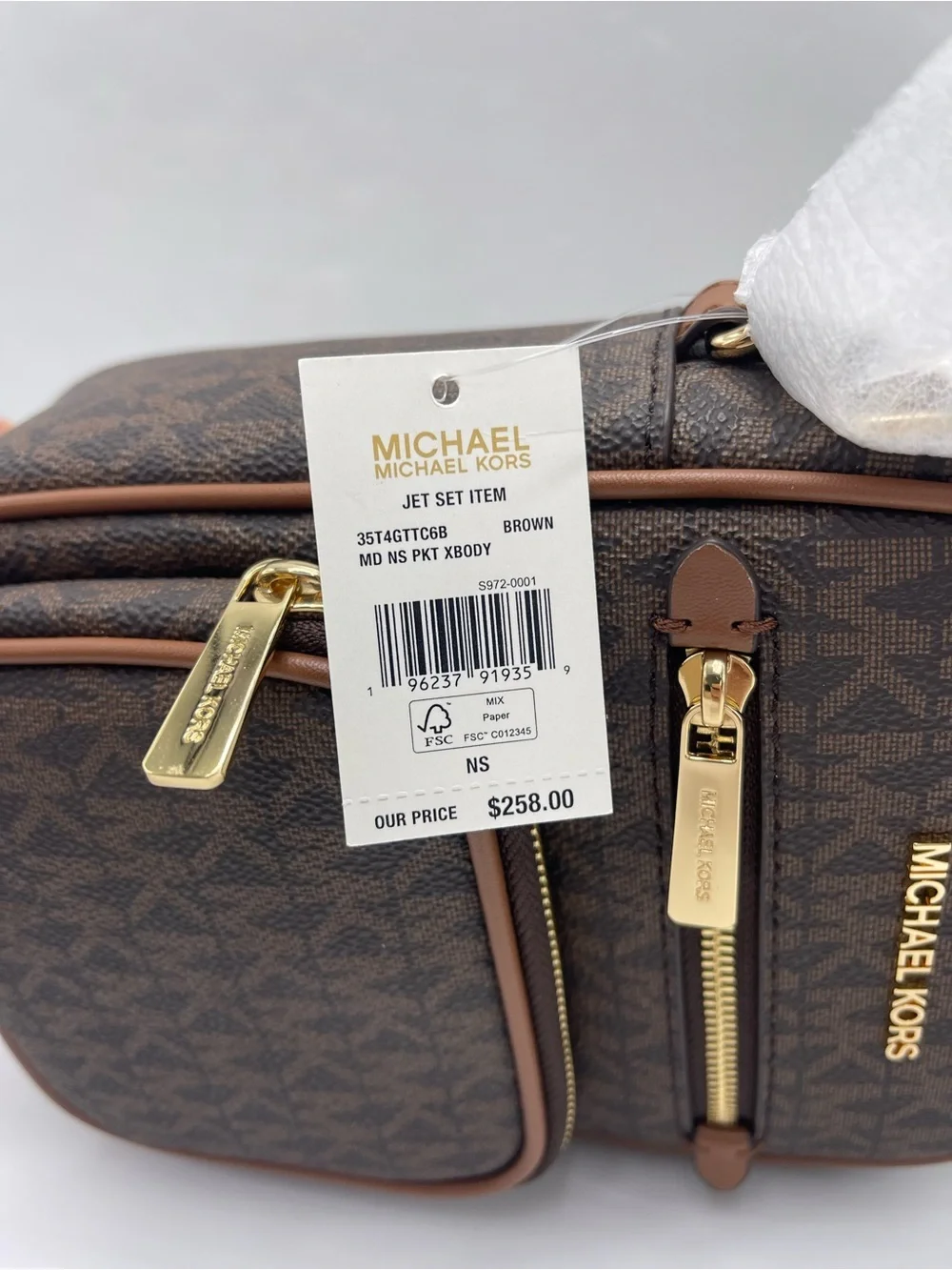 MICHAEL KORS Jet Set Md Flight NS Pocket Signature Logo Crossbody Bag Brown  NWT